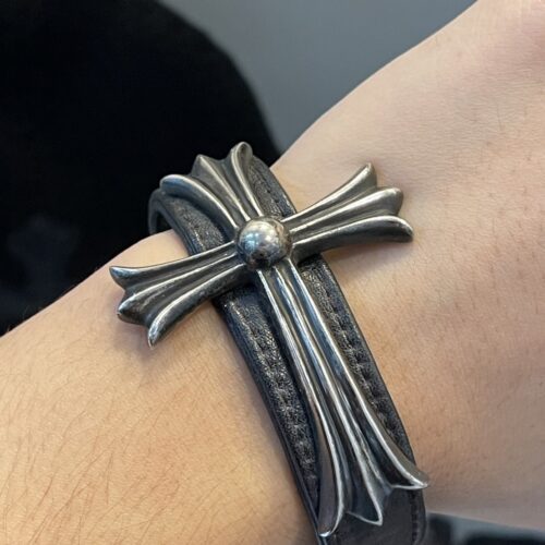 Chrome hearts large cross leather bracelet.