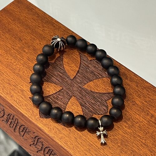 Chrome hearts Onyx black bead bracelet with cross
